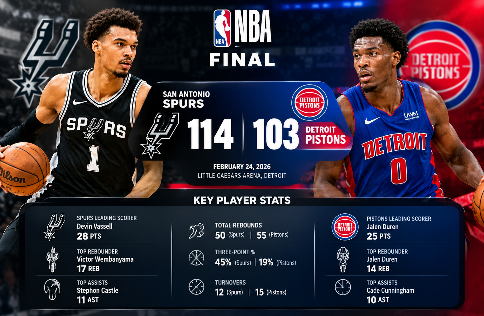 San Antonio Spurs vs Detroit Pistons Match Player Stats